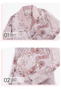 Detail of pink silk pajama shirt with dragon patterns showing lapel collar and pocket
