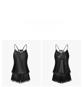 Detailed front and back view of black satin sleepwear set with lace trim and straps