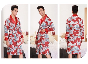Detail of brick red silk satin men's robe with oriental print and waist tie closure