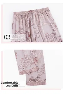 Detail of silk pajama pants with elastic waist and printed cuff in lavender