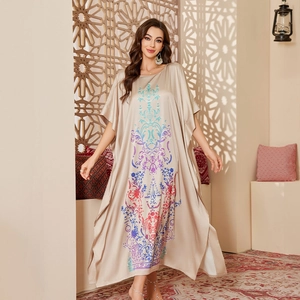 Women Bohemian Satin Kaftan Loose Ethnic Print Nightgown Long Robe Round Neck Batwing Sleeve Luxurious Lounge Dress