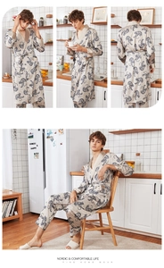 Multiple views of men's silk-like pajama set with tiger prints in a home setting