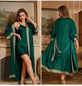 Luxurious dark green satin sleepwear set with gold embroidery on robe and slip dress