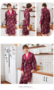 Detailed views of a burgundy silk robe for men featuring gold dragon prints and satin finish