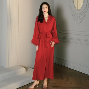 Elegant red satin long sleeve robe with feather cuffs and waist belt for women