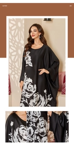 Detail of satin floral print long dress showing fabric texture and round neckline design