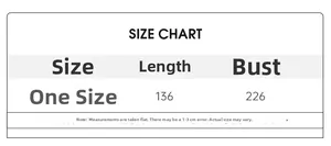 Size chart for oversized satin printed robe with measurements for length and bust