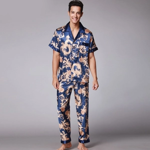 Men Satin Pajamas Short Sleeve Top And Long Pants Dragon Baroque Print Loungewear Nightwear Button Down Sleepwear