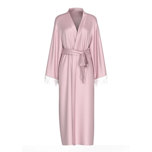 Pink ice silk pajama robe with satin finish, V-neck belt and white feather trim on cuffs