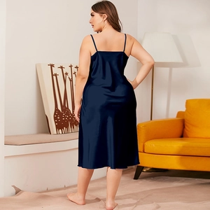 Plus size dark blue ice silk nightdress with cowl neck and loose satin spaghetti straps