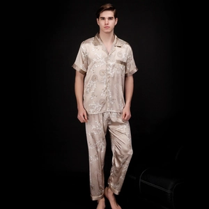 Men's champagne silk pajamas set with short sleeves and pants in baroque print