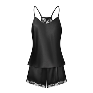 Women's black ice silk satin pajama set with V-neck camisole and lace trim shorts