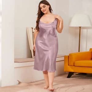 Satin cowl neck slip nightdress in purple with smooth ice silk finish for home wear