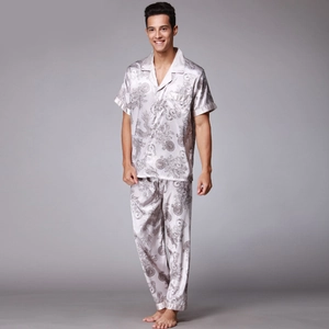 Men's champagne silk pajamas set with classic dragon print short sleeve top and pants