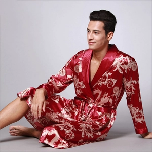 Men's silk satin bathrobe in red with golden dragon patterns and long sleeves