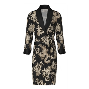 Men's silk satin bathrobe with golden baroque patterns and shawl collar in black