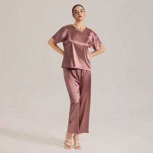 Women Satin Pajama Set Summer Short Sleeve Top And Long Pants Loose Casual Silk-Like Solid Color Nightwear Sleepwear