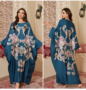 Deep blue satin kaftan dress featuring gold baroque patterns and pink floral prints