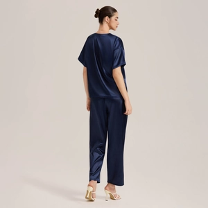 Women's dark blue ice silk pajamas set featuring short sleeve top and loose pants