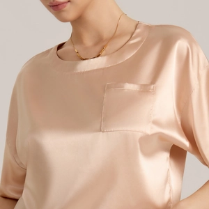 Champagne silk satin pajamas set with short sleeve round neck top and chest pocket