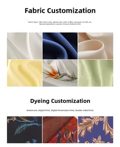 Detail showing premium satin and silk fabric samples with custom digital printing patterns