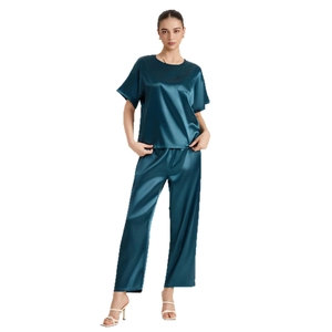 Women silk satin short sleeve top and wide leg pants sleepwear set in teal green