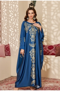 Elegant deep blue kaftan robe with gold ethnic prints and silky satin texture