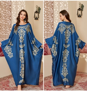 Peacock blue satin chiffon kaftan with golden baroque print and batwing sleeves