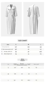 Size chart showing length and bust measurements for the women's satin long bathrobe