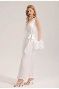 Luxurious white satin bridal robe with mesh sleeves and fluffy white feather trim cuffs