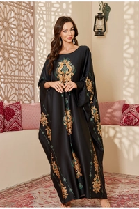 Luxurious satin kaftan with gold and turquoise baroque print and batwing sleeves