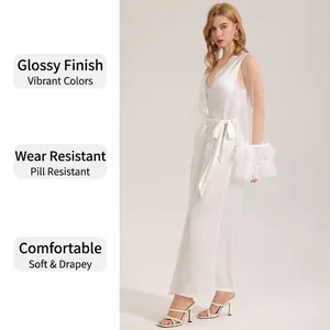 Elegant white satin long bathrobe with sheer mesh sleeves and feather trim detail