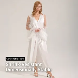 Elegant white satin long robe with V-neck, sheer mesh sleeves and feather trim cuffs