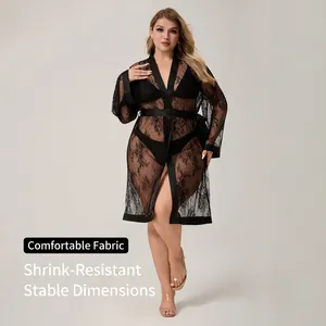 Elegante vestaglia in pizzo nero da donna con maniche in mesh e cintura in raso in vita
