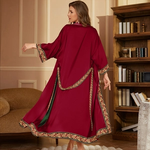 Elegant wine red satin robe for women with golden vintage embroidery and tie-waist