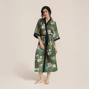 Floral satin kimono robe in dark green with long length and elegant three-quarter sleeves