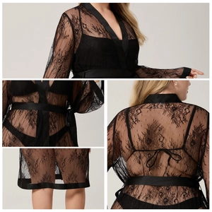 Set lingerie tre pezzi in pizzo nero da donna con accappatoio trasparente e nastri