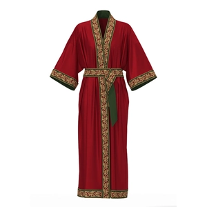 Elegant red satin robe for women with gold embroidery and green trim long sleepwear