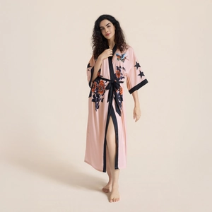Pink satin floral kimono robe with orange flowers and birds, light luxury sleepwear