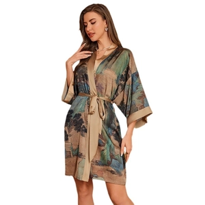 Women's satin kimono robe featuring vintage Chinese landscape print and mid-length sleeves