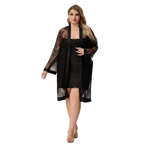 Elegante set da notte in pizzo nero con vestaglia a maniche lunghe per donna