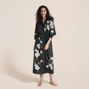 Luxurious black satin floral robe with white magnolia prints and silk-like finish for women