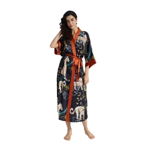 Women's satin long robe with cheetah and tropical palm leaf print in black and orange