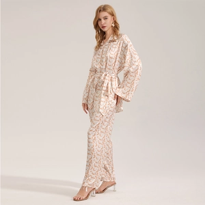 Women's Satin Geometric Printed Long Sleeve Belted Top And Pants Loungewear Casual Comfortable Sleepwear Loungewear Home Clothes