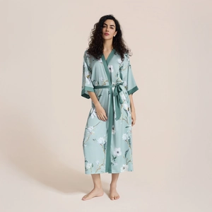 Luxurious Satin Floral Print Long Robe For Women Lightweight V-Neck Belted Kimono Nightgown Comfortable Sleepwear Lounge Wear