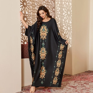 Elegant black satin kaftan with gold and green patterns for women loungewear