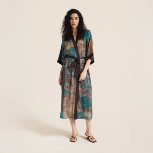 Women Luxury Satin Printed Long Kimono Robe Elegant Floral Crane Landscape V Neck Sleepwear Bathrobe Nightgown Homewear