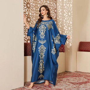 Navy blue satin kaftan with gold embroidery and batwing sleeves for women