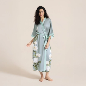Elegant satin floral bathrobe for women in sage green with white tulip print pattern