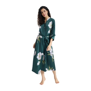 Elegant dark green floral satin robe with large purple blossoms and waist tie